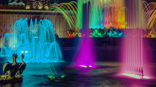 Colourful illuminated musical fountain performance at night.
