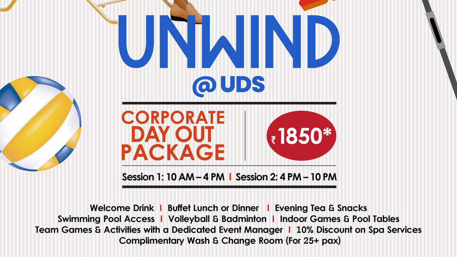 Unwind corporate day-out package at Uday Waters & Resorts priced at INR 1,850, featuring a woman relaxing poolside with drinks overlooking serene backwaters, highlighting inclusions, session timings, and contact details for bookings.