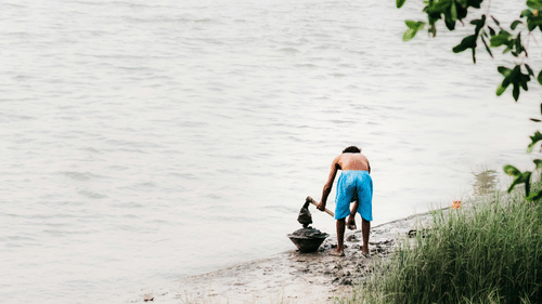 A person taking mud out of the banks of Hooghly river with a tree branch in view - Babu Ghat Ganga River