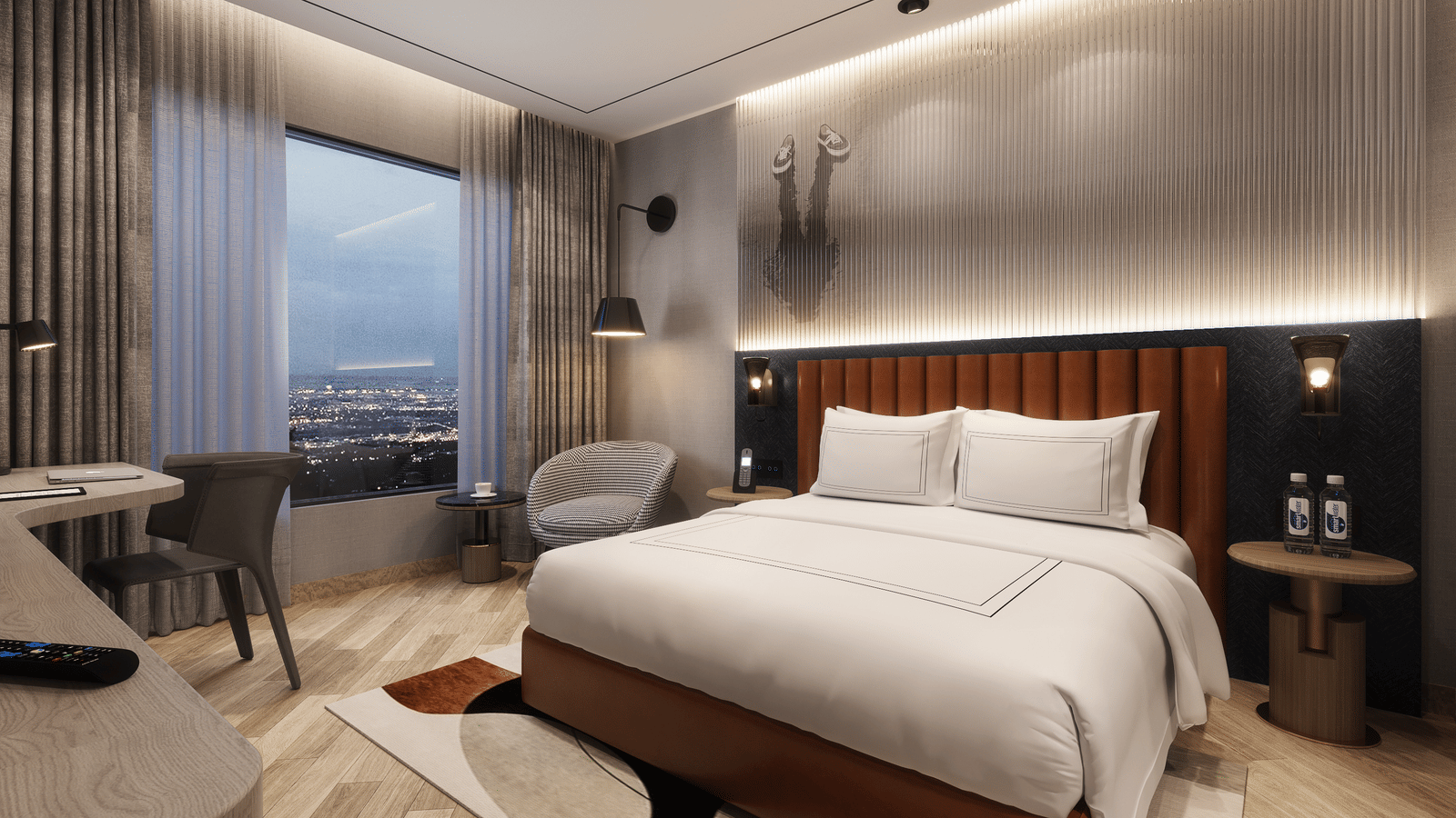 View of a hotel room in Chandigarh with a made bed, desk, chair, and a large window showing a city view at Ramada Encore by Wyndham.