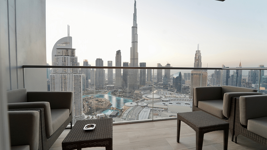 Address Fountain Views Residence Tower - view of Burj Khalifa during daytime and other nearby buildings from the balcony sit out of the apartment in Dubai