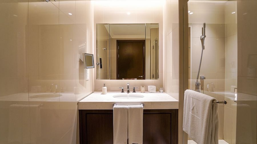 Address Fountain Views Residence Tower - a frontal view of the wash basin with towels hanging from the rods