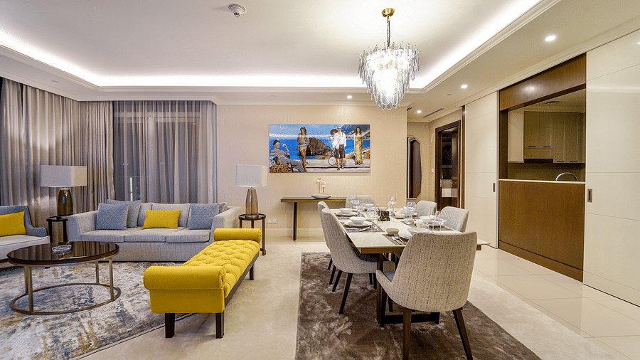 Address Fountain Views Residence Tower - the side view of the living room attached to the dining hall of the apartment in Dubai