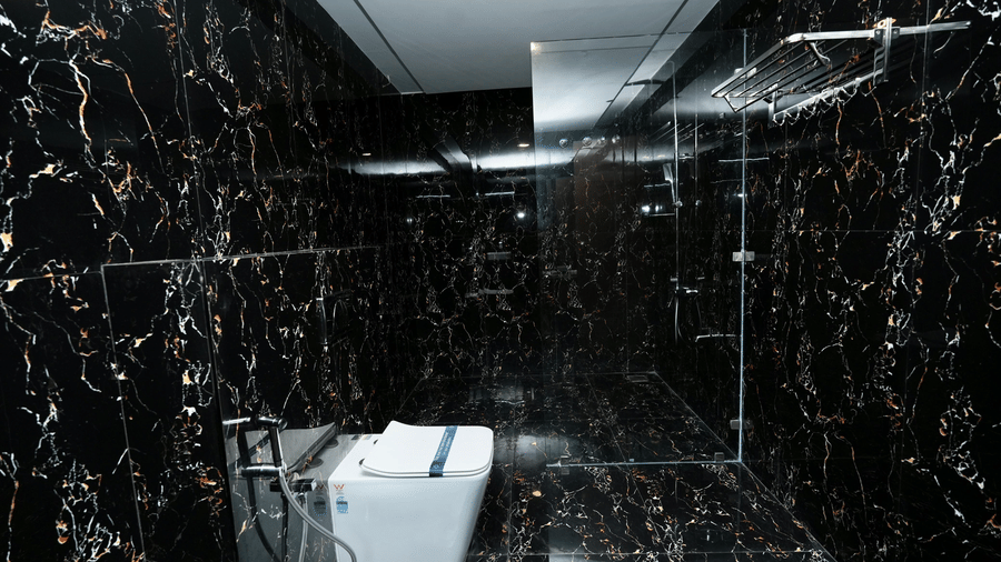 A luxurious Family Suite bathroom at Le Royale Palace with black marble interiors, glass shower enclosure, and modern fixtures