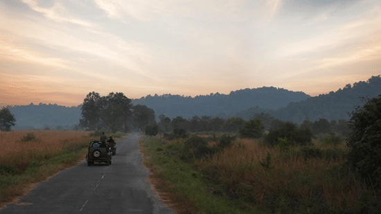 A dirt road leading toward hills at sunset or sunrise, and a vehicle in the distance at The Golden Tusk, Jim Corbett
