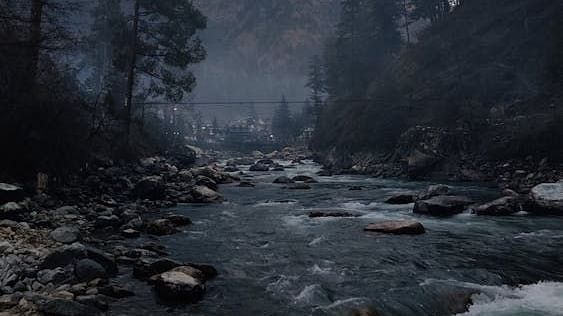 A fast-flowing mountain river bordered by rocks and pine trees, winding through a misty valley beneath rugged cliffs.