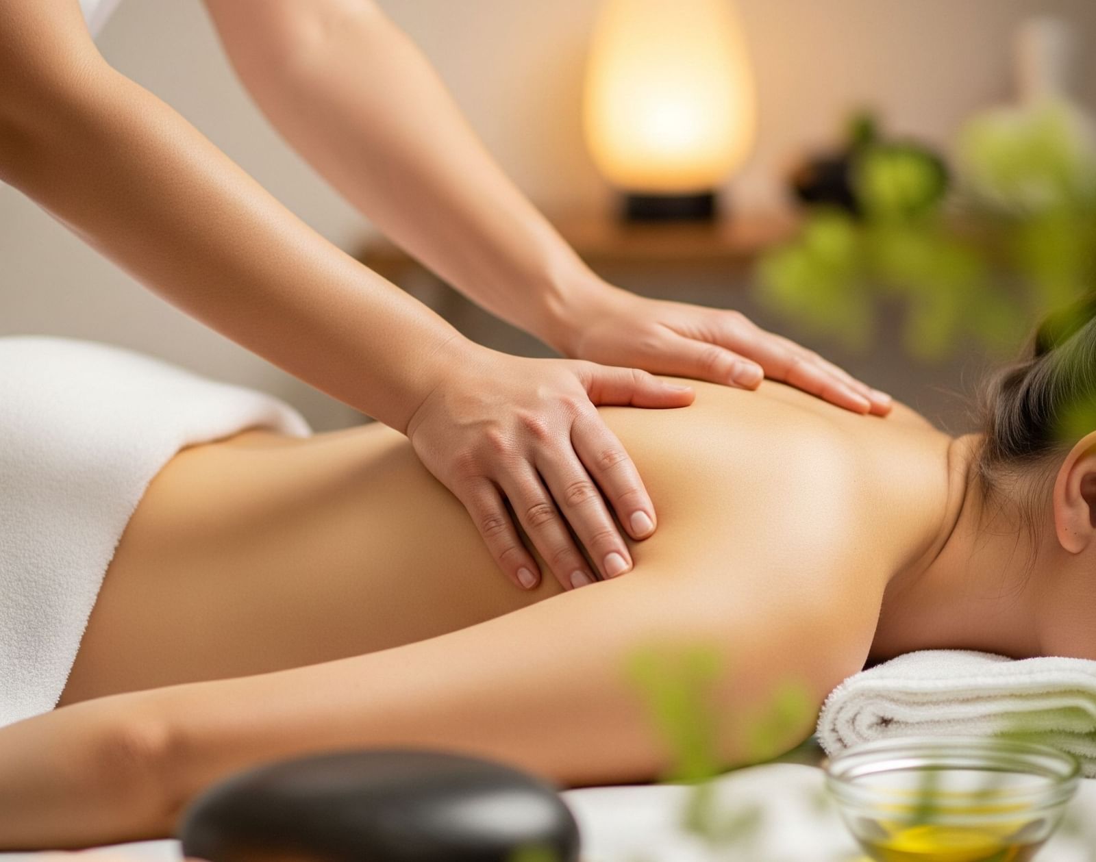 Person receiving a shoulder massage with spa items in the background.
