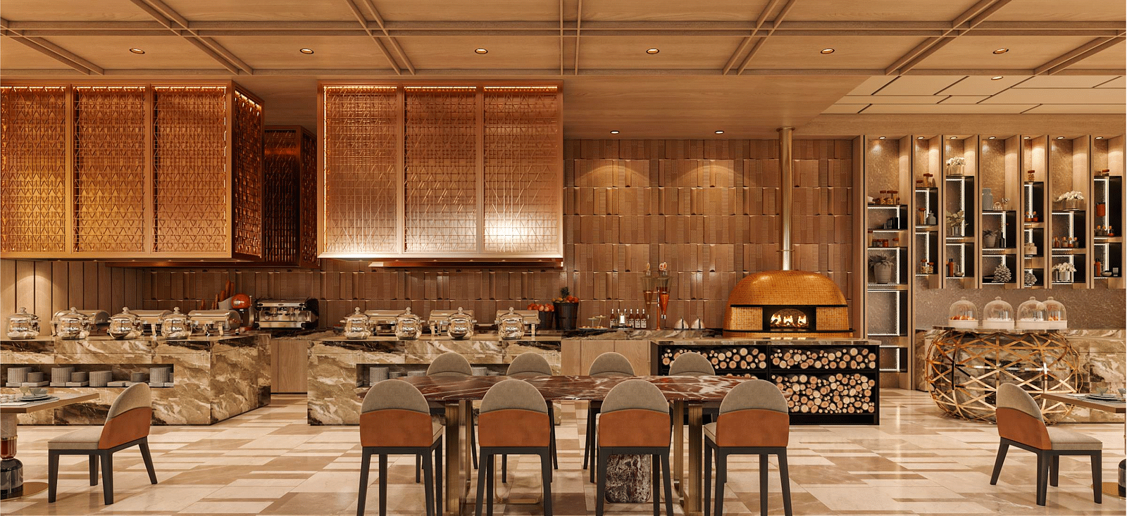 A buffet area and seating area with chairs and tables set for diners, modern interiors and well-lit