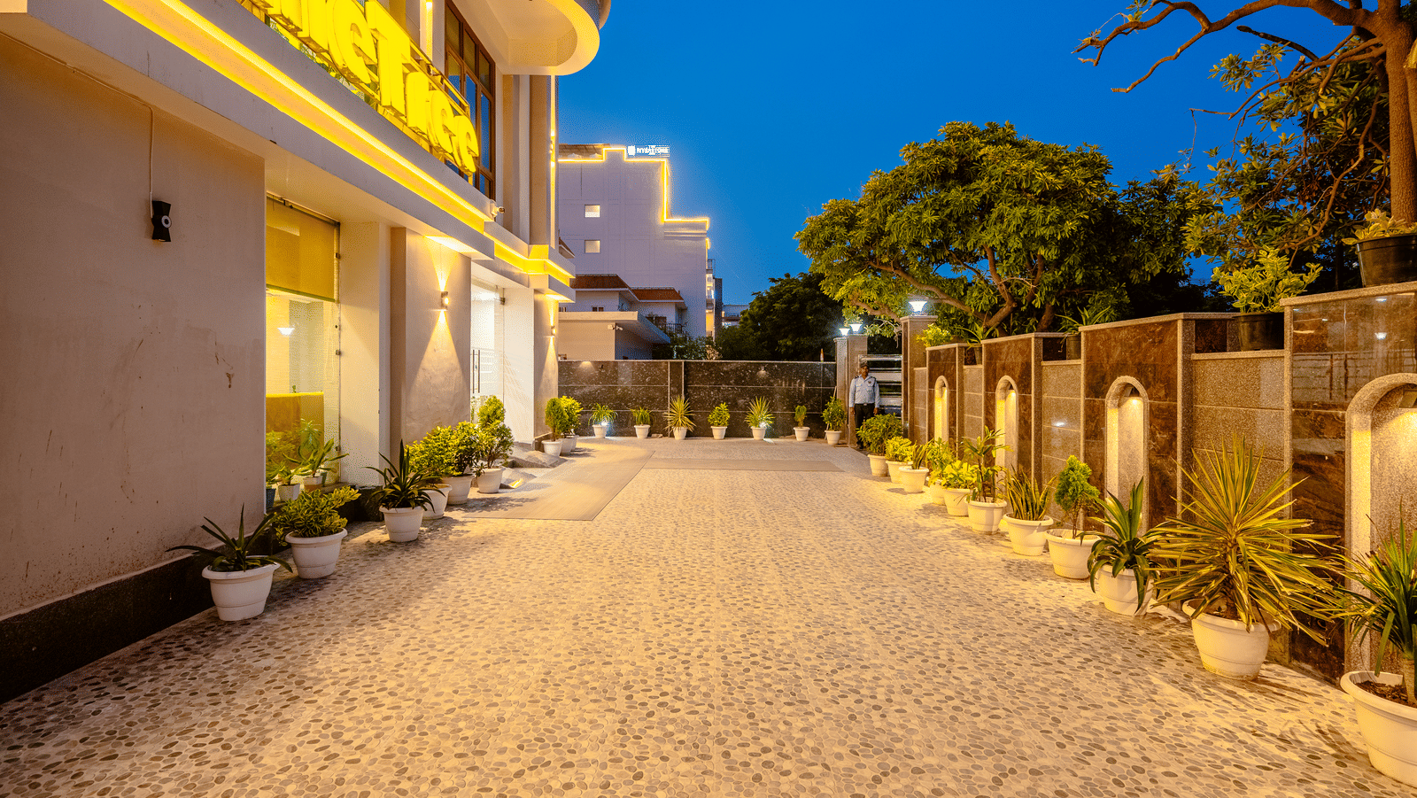 Driveway of Lime Tree Hotels & Service Apartment Private Limited featuring landscaped hedges, potted plants, and evening lighting.