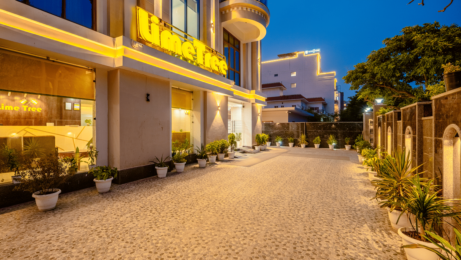 Illuminated entrance and driveway of Lime Tree Hotels & Service Apartment Private Limited featuring landscaped hedges and a paved walkway.