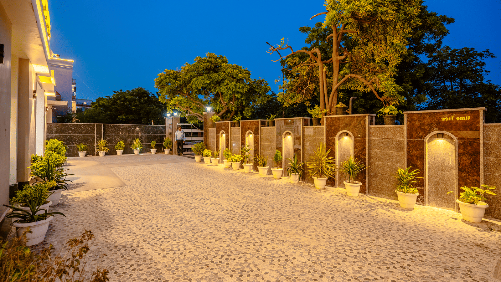 Tree lined driveway of Lime Tree Hotels & Service Apartment Private Limited featuring landscaped hedges and evening lighting.