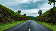 an empty road surrounded by lush greenery on both sides