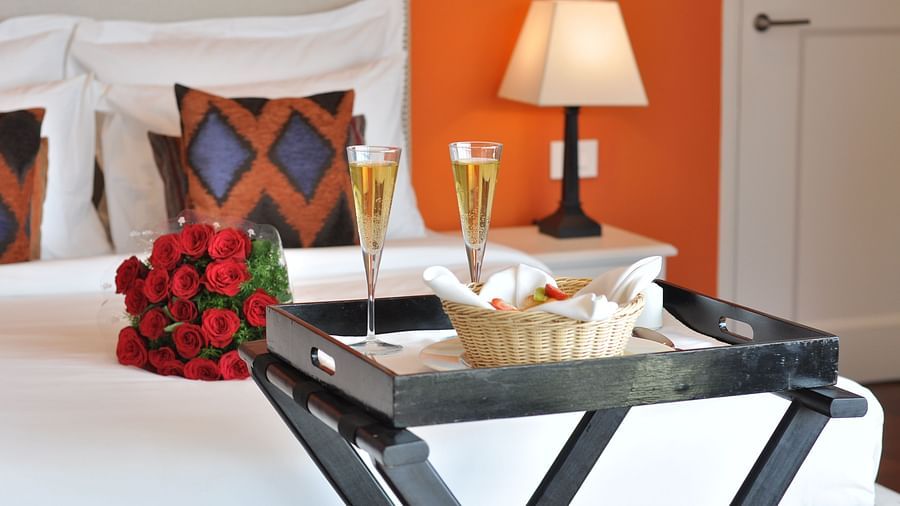 valentines day room decor with flowers and wine