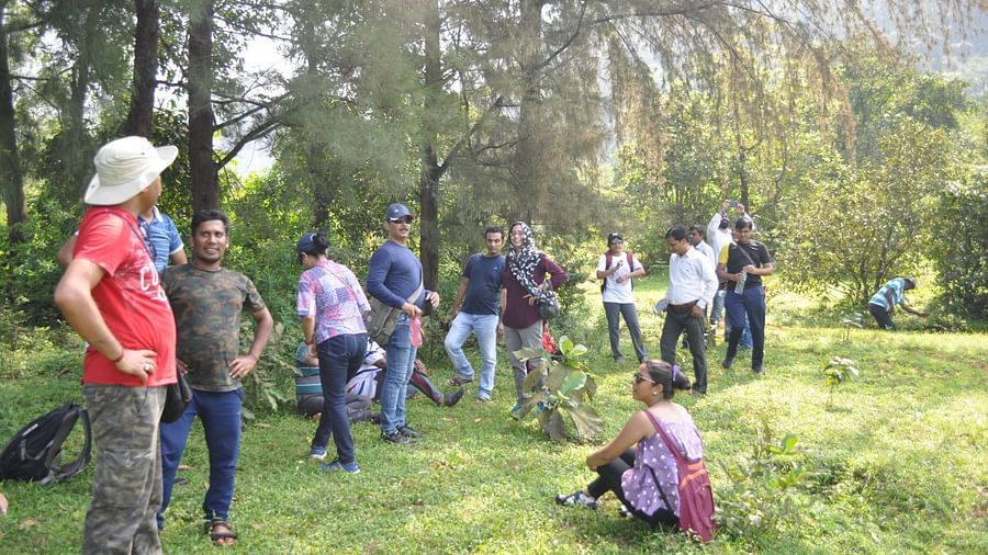 A group of people are engaged in an outdoor activity at Forest Escapes Koyna, with some individuals carrying others on their shoulders.