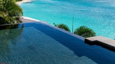 Infinity pool overlooking the ocean with tropical trees and blue skies at Tamarind Hills Resort and Villas - Antigua.