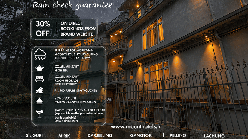 Promotional banner of Mount Hotel offering 30% off on direct bookings with a monsoon offer and rain check guarantee across multiple properties.