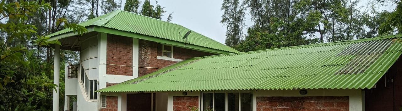 The Conservancy Bungalow with a green roof, surrounded by lush greenery and trees.
