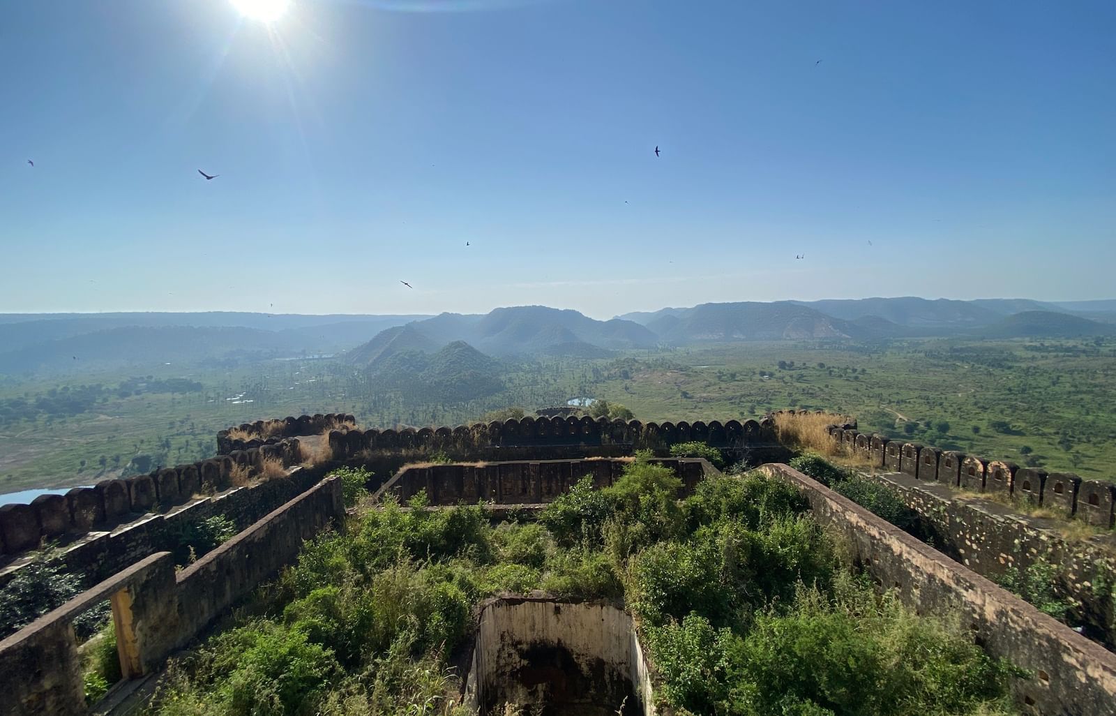 Sunlit panoramic view from a hilltop fort, showing stone ramparts with overgrown greenery in the foreground and a lush valley with rolling hills and birds overhead.