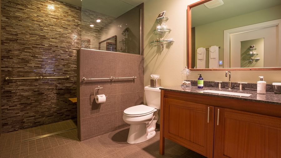 A modern bathroom with sleek design, a shower area, a commode and contemporary fixtures, offering a sophisticated experience - Brewery Gulch Inn & Spa