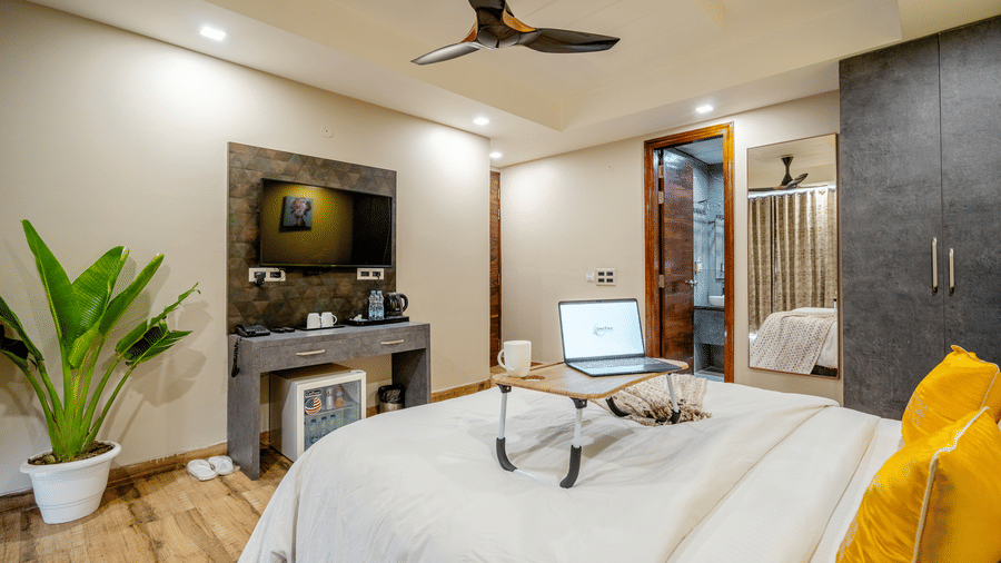 Comfortable double bed with a laptop open on a portable tray desk, next to a large green potted houseplant.