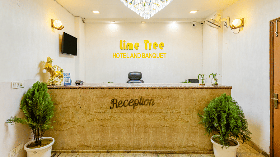 Reception desk of Lime Tree Hotels & Service Apartment Private Limited featuring potted plants and a chandelier lit ceiling.