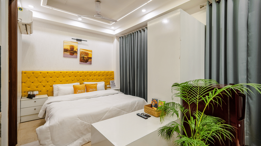 Suite of Lime Tree Luxury Studio featuring a headboard, twin beds, and a potted plant.