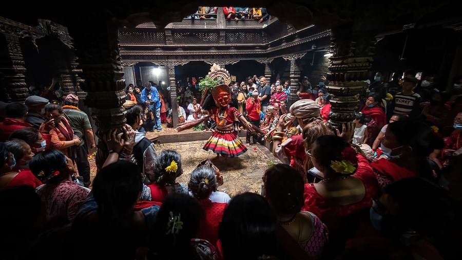 The navadurga naach on Bhagasti where a huge number of people have gathered to celebrate the festival