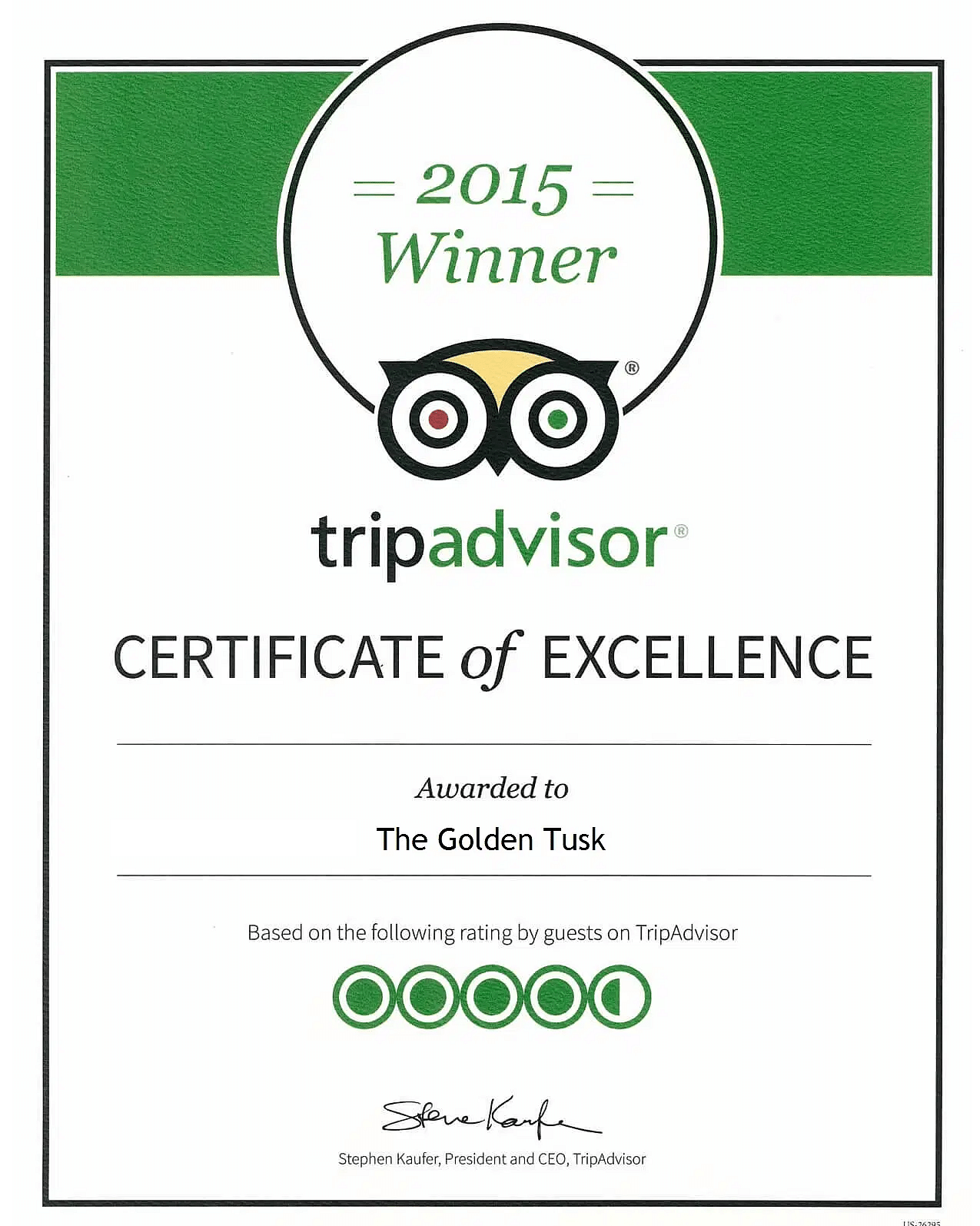Certificate of excellence presented by TripAdvisor to the Golden Tusk Resort for the year 2015.