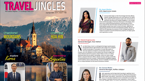 A 2 page spread from Travel Jingles magazine featuring a mountain landscape on the cover and a Face to Face section featuring Ms. Sonavi Kiacker, CEO of Neemrana Hotels and other profiles of hospitality industry leaders.