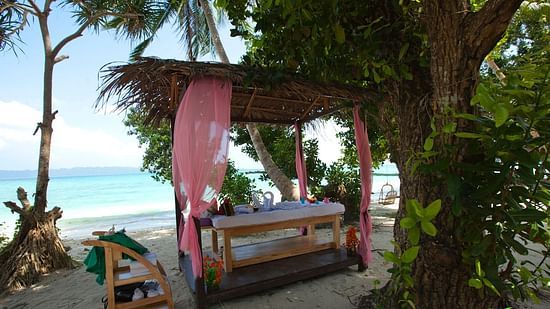 Outdoor spa featuring a massage table inside a canopy