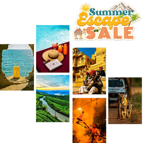 Travel collage with summer escape sale message showing different destinations deals and vacation planning inspiration