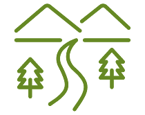 An icon of a mountain hill, trees, and a river