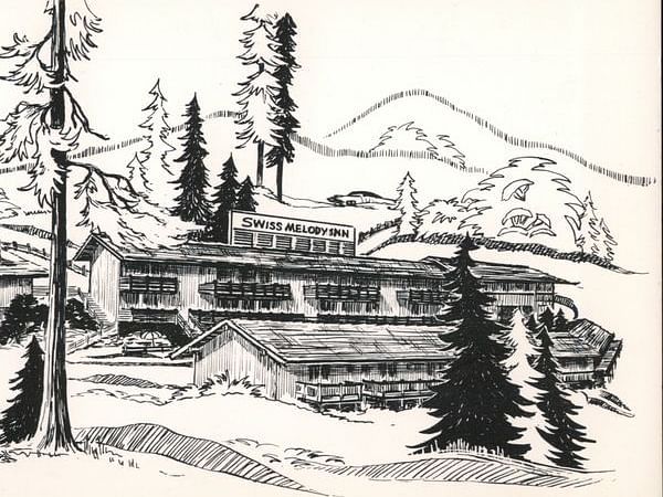 A black and white pencil illustration of Narrow Gauge Inn.