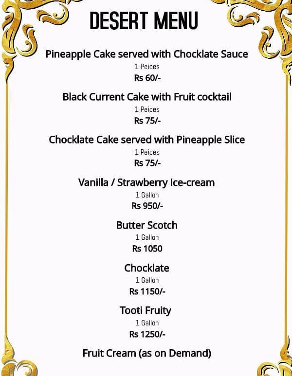 A menu of the dessert menu offered by our delivery service - Motel Divine International, Roorkee