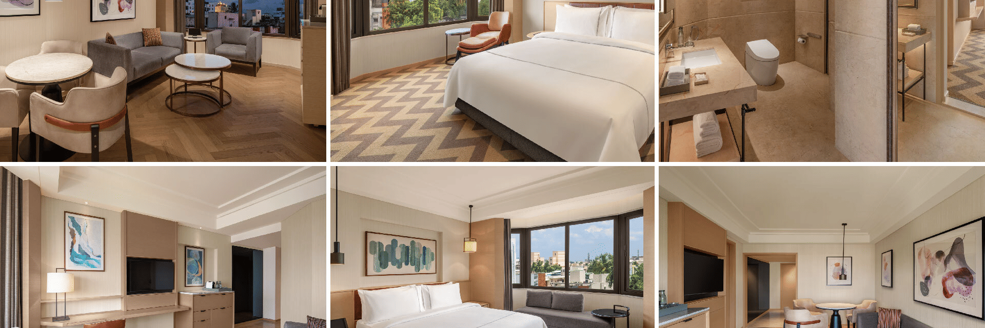 A collage of 6 room images of The Residency Chennai featuring different amenities and furniture