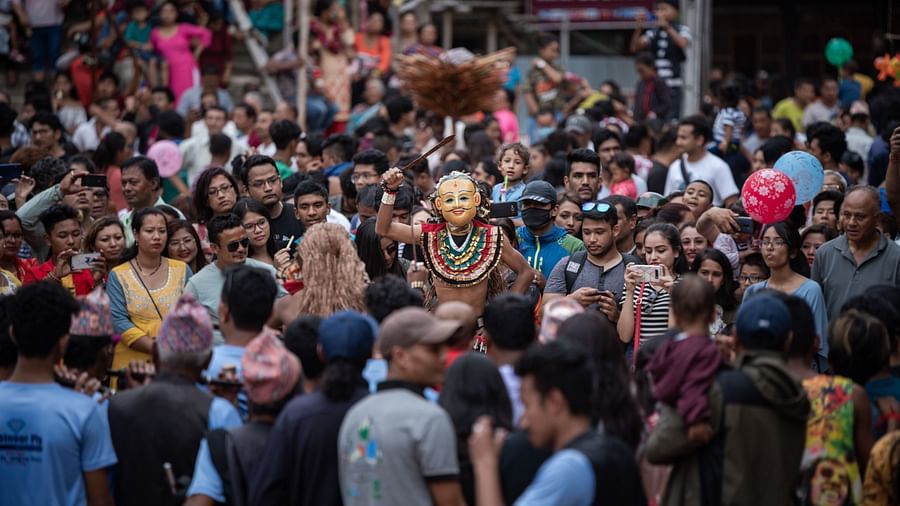 Crowd gathered to celebrate the Gai jatra festival