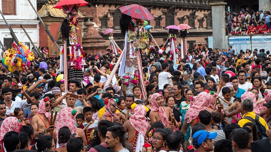 A crowd gathered to celebrate the Gai jatra festival