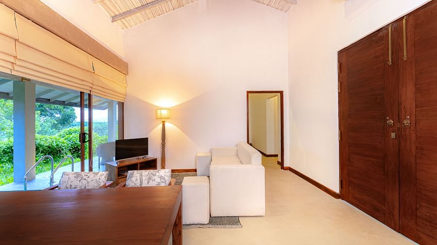 Spacious living room with minimalist furniture and nature view