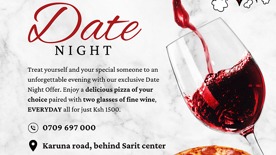 A creative image of a poster mentioning date night where individuals can enjoy pizza and  wine