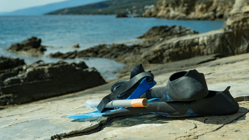 Snorkelling is left on a rocky beach with a bay and hills in the background.