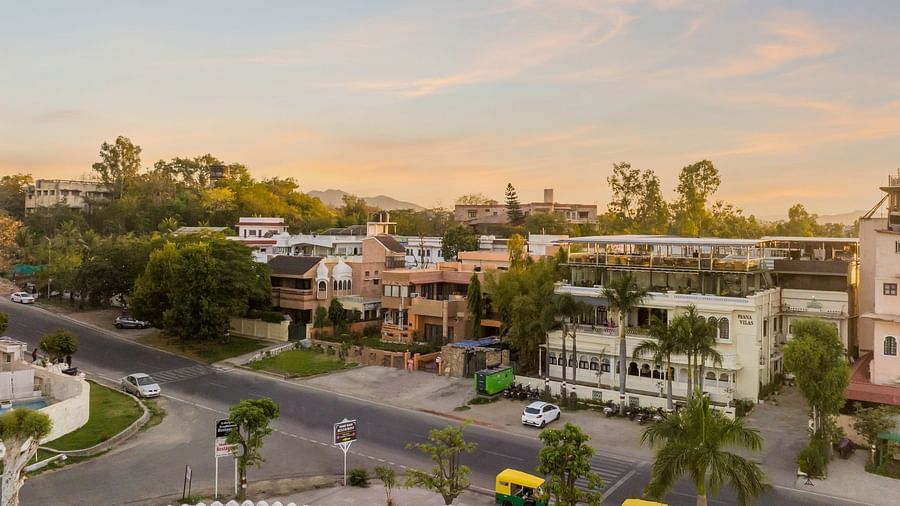 Arial view picture of Panna Vilas Palace  featuring the property with the green surrounding and  clear sky in background| Panna Vilas Udaipur