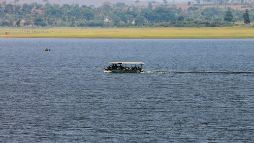 A river scene with a motorised boat carrying passengers across calm blue waters. The far shore has a grassy riverbank with scattered trees and hills in the background under a hazy sky.