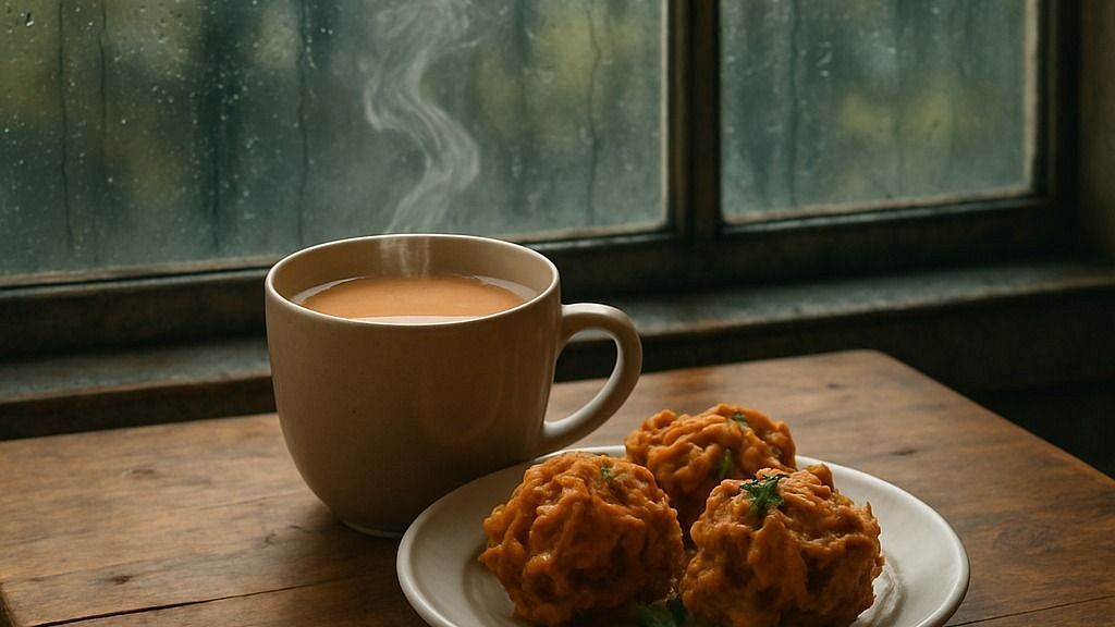 Chai and bhajiya combo during monsoon at forest café near Mumbai