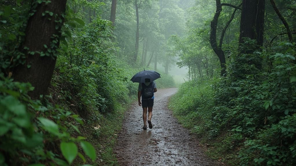 Nature Trails Durshet forest trail featuring a person walking through a lush rainforest path, holding an umbrella in hand amidst the greenery and light rain