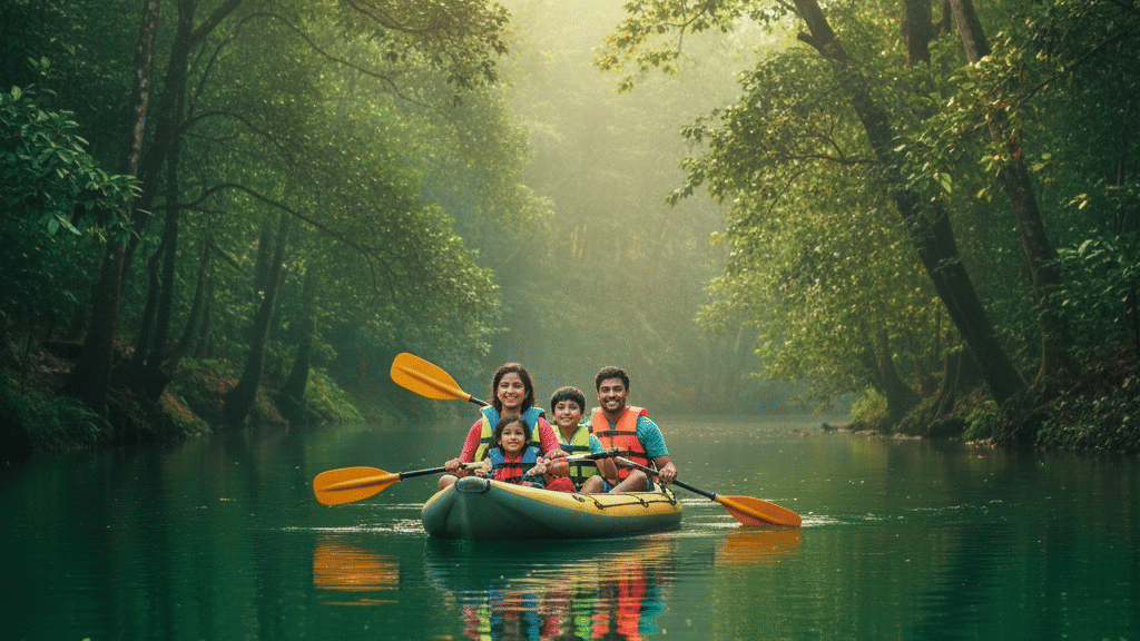 Family kayaking at Nature Trails Kundalika Resort