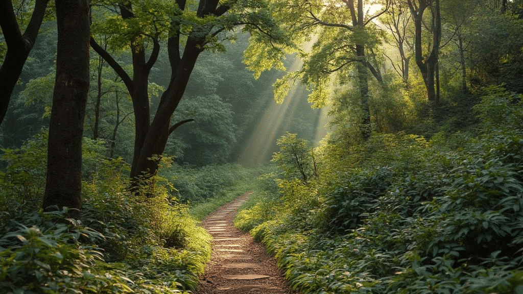 A forest trail flanked by trees and plants, lit up by sun rays filtering in through tree branches.