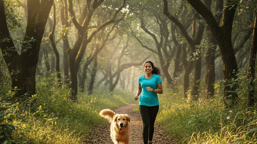 Dog running in nature at pet-friendly resort near Sajan