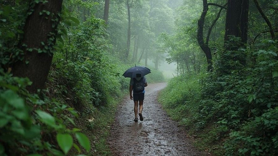 Nature Trails Durshet forest trail featuring a person walking through a lush rainforest path, holding an umbrella in hand amidst the greenery and light rain