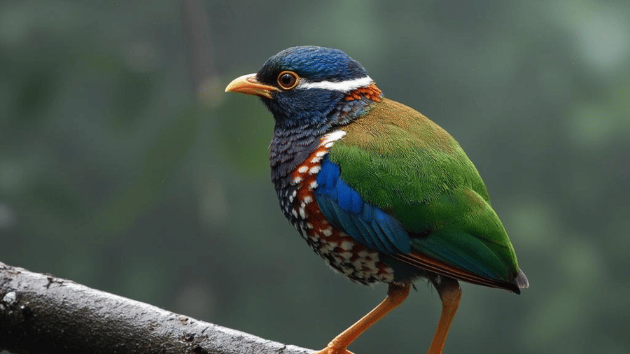 Render of a bird with vibrant feathers in a forest during monsoon against a blurry backdrop.
