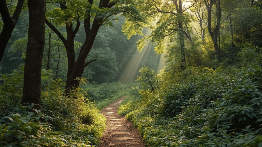 A forest trail flanked by trees and plants, lit up by sun rays filtering in through tree branches.